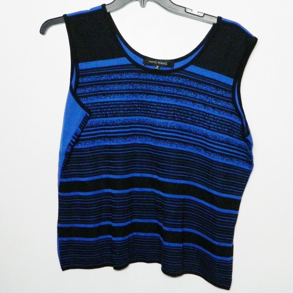Ming Wang $140 Scoop Neck Reversible Blue & Black Sleeveless Shell Sz 1X EUC